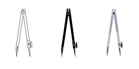 Three compass designs in outline, silhouette, and realistic style, showcasing precision and technical drawing tools on transparent background