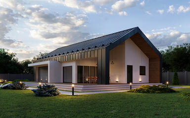 A chic modern house with clean lines and a spacious patio. Ideal for residential settings with a blend of wood and metal finishes.