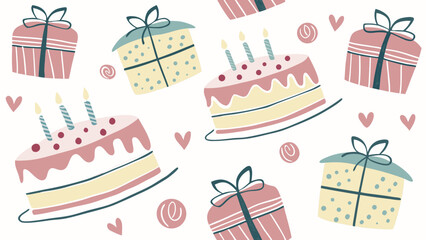 Watercolor seamless pattern, cakes and gifts mix, white background