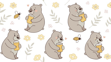 Watercolor seamless pattern, watercolor bears and honey jars, white background