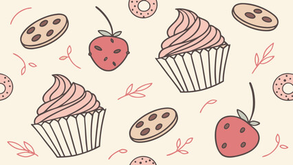 Watercolor seamless pattern, watercolor cupcakes and cookies, cream background