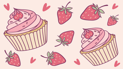 Watercolor seamless pattern, watercolor cupcakes and strawberries, pink background