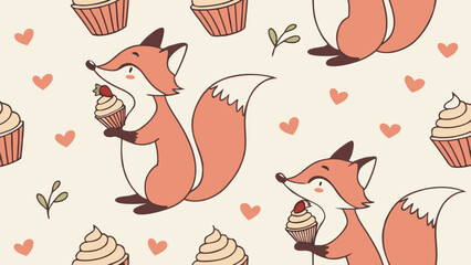 Watercolor seamless pattern, watercolor foxes with cupcakes, beige background