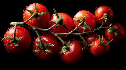 Vibrant fresh cherry tomatoes on a vine glisten with water droplets against a dramatic dark background, perfect for culinary projects.
