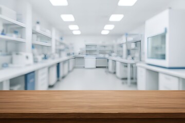 Empty wooden table with blurred modern scientific laboratory. Innovation, biotech, and medical discovery themes