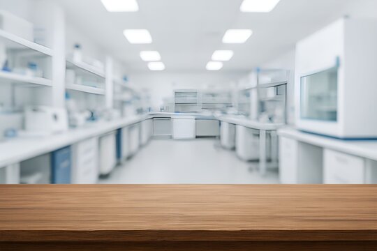 Empty wooden table with blurred modern scientific laboratory. Innovation, biotech, and medical discovery themes - Powered by Adobe