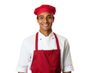 Smiling young chef in red hat and apron professional cook on Transparent Background culinary expert