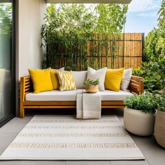 Obraz premium Serene Balcony Retreat Yellow Cushions, Bamboo Screen, Outdoor Rug, Outdoor decor , Patio design