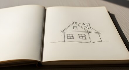Sketch of a house on open book pages indoors architecture concept