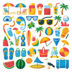 Collection of colorful summer vacation and beach icons and illustrations