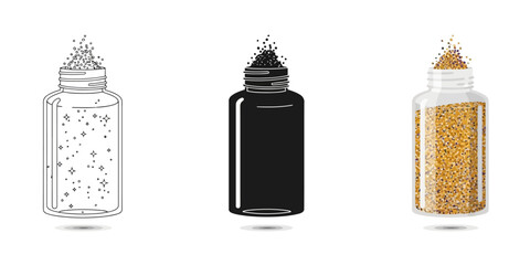 Glitter Bottles Three styles vector set line art, silhouette and color version with different styles