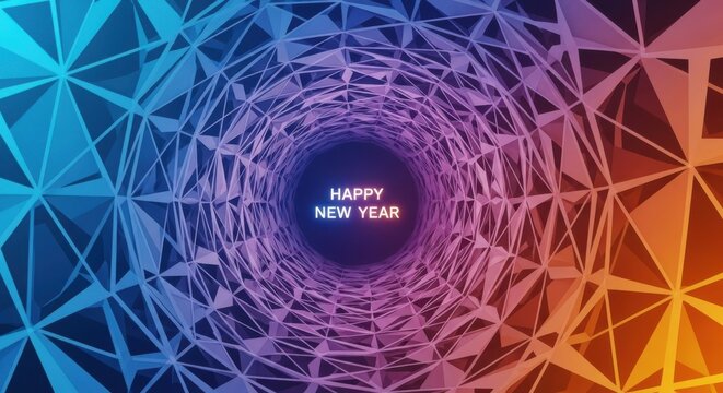 Happy new year message in colorful abstract geometric tunnel.