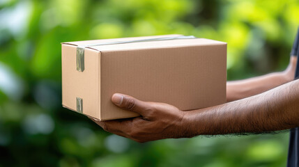 Volunteer handing donation box to charity organization, bright outdoor scene, copy space,