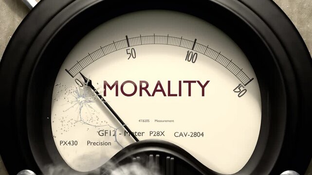 Morality meter showing low levels of morality. Minimum and decreasing morality value, below the norm. Lack of morality. None of it, insufficient.