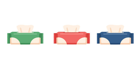 Baby wipe packs Three styles vector set line art, silhouette and color version three colorful 