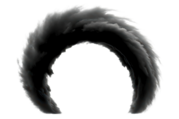 Arch of dark black wispy smoke creates a circular frame isolated on a transparent background