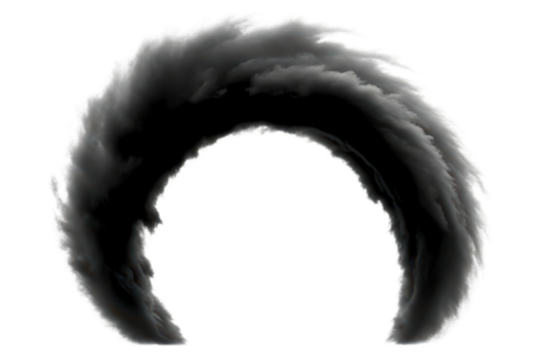 Arch of dark black wispy smoke creates a circular frame isolated on a transparent background