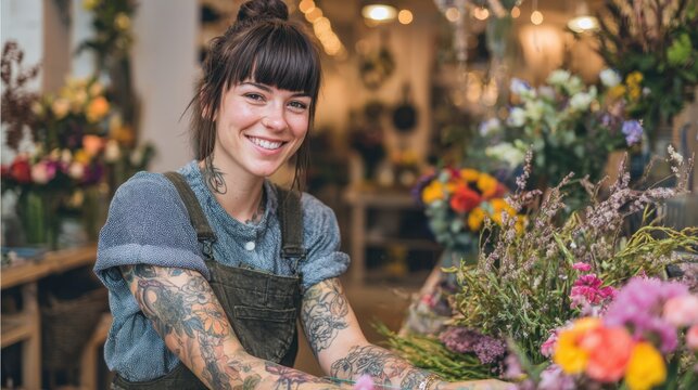 A florist with tattoos and a warm smile is busy arranging vibrant flowers in a lively shop. Sunlight streams in, highlighting the beauty of her work and the colorful display. - Powered by Adobe