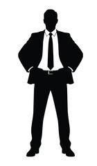 Silhouette of a confident businessman standing with hands on hips isolated on white background
