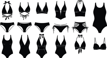 Women's, swimwear, silhouettes, vector, set, featuring, various, styles, of, bikinis, bottoms, tops, and, one-piece, bathing, suits, perfect, for, summer, fashion, and, apparel, graphics, and, icons.