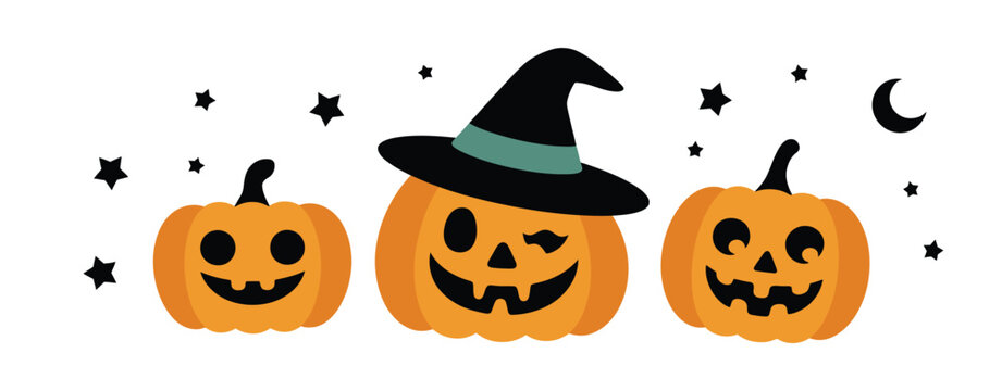 Three happy halloween pumpkins wearing a witch hat among stars