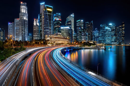 Illuminated Cityscape with Light Trails from Traffic at Night