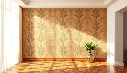 Elegant damask pattern on textured wallpaper in a sunlit room,  texture,  beige