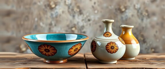 Elegant Italian-style decorative bowl and vase set on rustic wood, decoration, cream