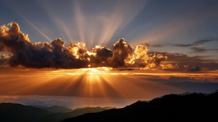 Dramatic sunset featuring intense crepuscular rays bursting through dark clouds above layered mountain silhouettes and  low cloud inversion