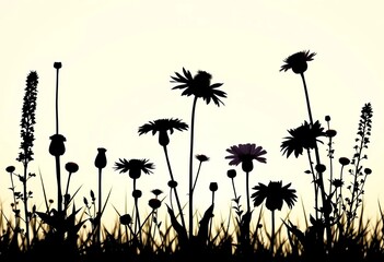 Elegant silhouettes of various wildflowers against a clean background, perfect for design projects, plant silhouettes, botanical