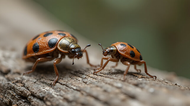 Close up of two firebugs on wood