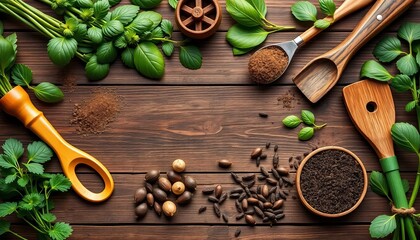 Flat lay of gardening tools & seeds on wood background, farm, vegetables