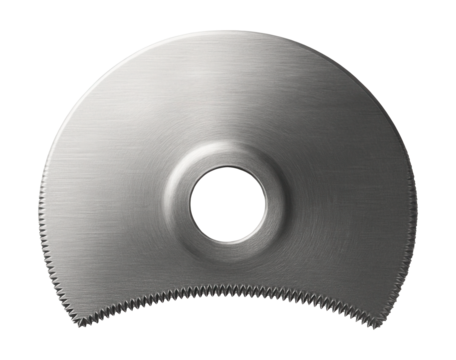 Semicircular oscillating tool blade for flush cuts in drywall installation.