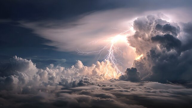 Dramatic aerial view capturing brilliant lightning strike illuminating dark towering storm clouds above thick layer of lower white clouds