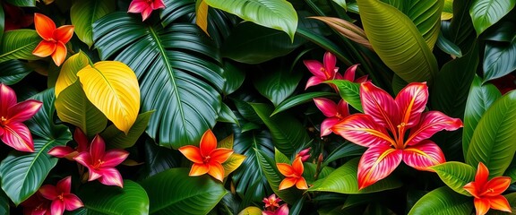 Lush vibrant tropical foliage, exotic leaves & flowers,   green background,   wild