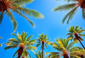 Majestic royal palm trees, lush green fronds against a vibrant blue sky,   closeup,  blue