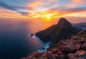 Panoramic view of Lions Head at sunset, ocean water meets rocky coast, idyllic vacation spot,  outdoor,  sea