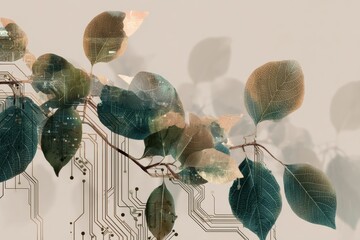 Digital leaves floating over circuit board, glowing data paths connect nanoscale nodes, simulating renewable energy flow and smart sensor network, high-contrast