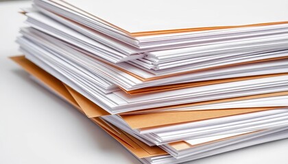 Stack of crisp white papers and brown envelopes ready for mailing, texture, communication