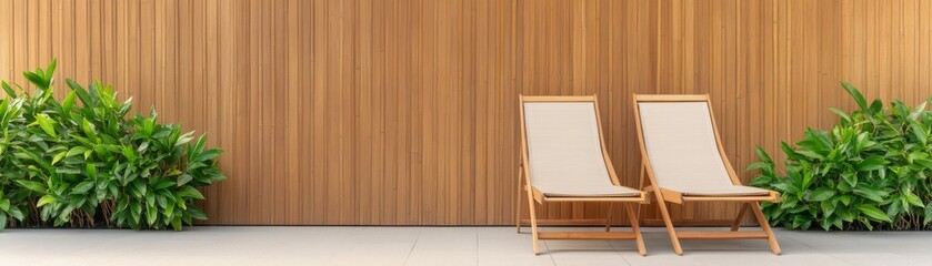 Obraz premium Two Wooden Deck Chairs by Wood Wall and Lush Greenery, Outdoor Furniture , Relaxation