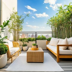 Obraz premium Urban Oasis Balcony City View with Bamboo, Sofa and Wicker Furniture, outdoor , patio