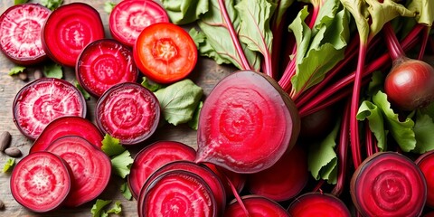 Vibrant beetroot slices, whole roots, and leafy greens in various arrangements,   botanical,  vitamin