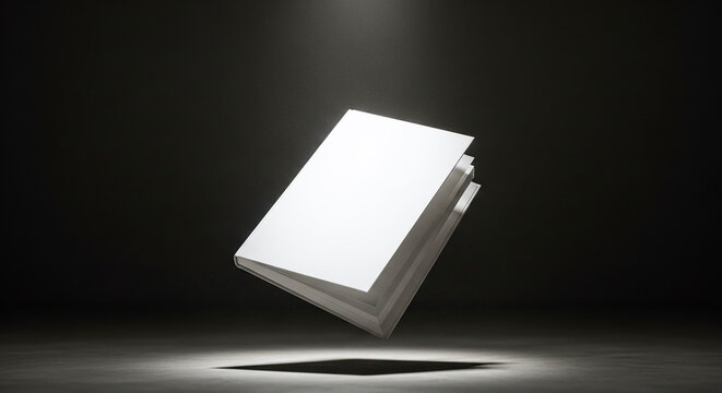 Hard cover book mockup floating in dimly lit room with fluttered page
