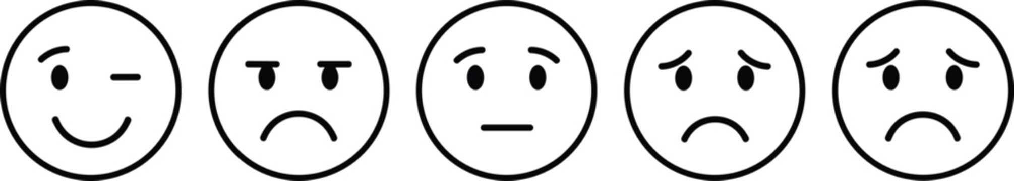 Customer satisfaction survey vector icons showing a scale of linear emojis from happy to sad, ideal for feedback and service rating.