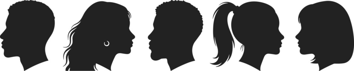 Diverse vector silhouettes of male and female profile heads, symbolizing identity, multi-ethnic community, diversity, users, and social network avatars.