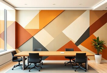 Abstract geometric shapes in calming earth tones create a modern, professional office wall mural, visual, office