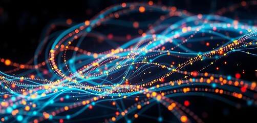 Abstract swirling data streams, glowing nodes representing non-reinforced learning,  science,   innovation