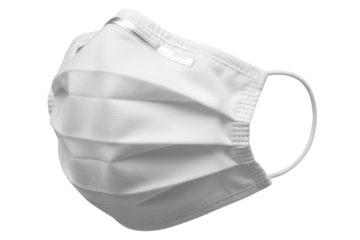 White disposable medical face mask with ear loops isolated on a transparent background