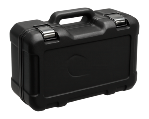 Durable plastic case with snap locks for safely transporting an angle grinder.