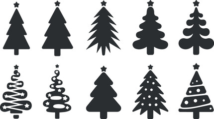 Set of christmas tree silhouettes isolated on transparent background for decoration